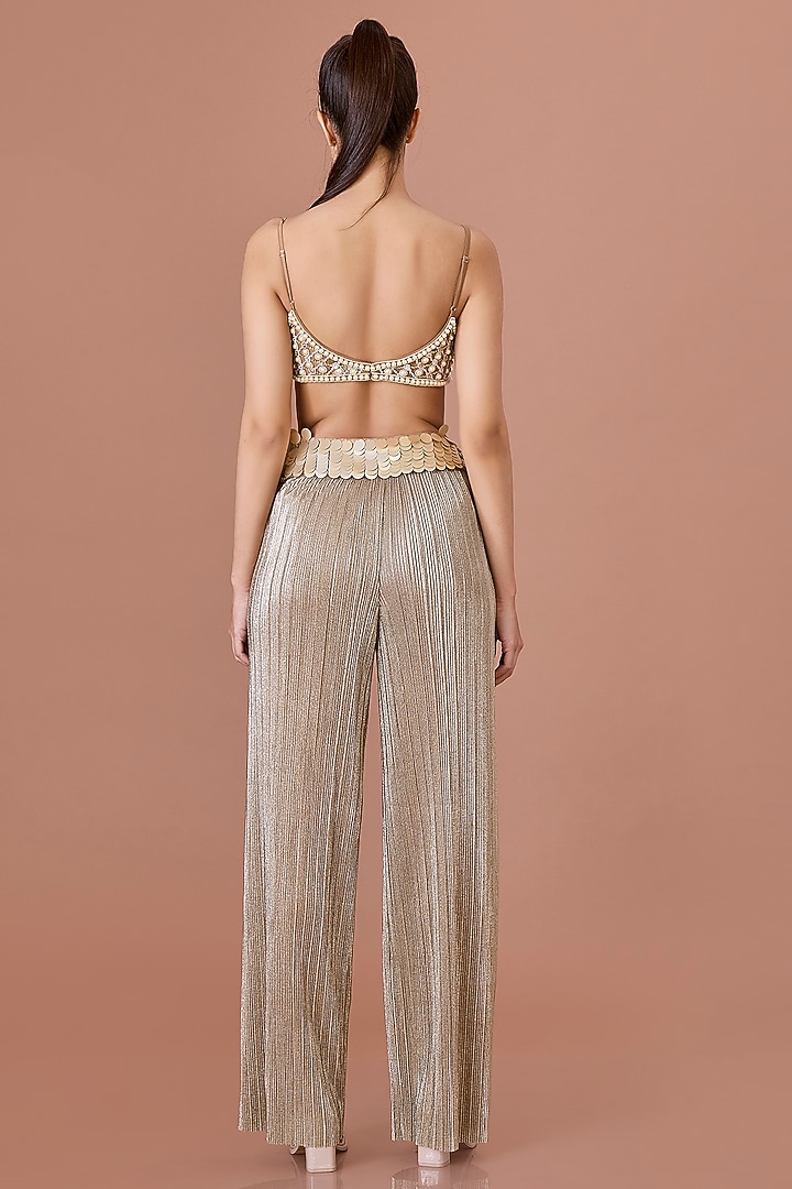 Gold Blended Satin Sequins Embroidered Wide-Leg Trousers by Dilnaz Karbhary at Pernia's Pop Up Shop