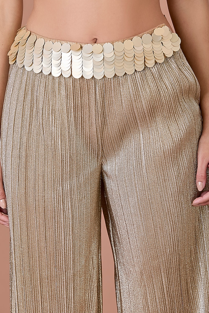 Gold Blended Satin Sequins Embroidered Wide-Leg Trousers by Dilnaz Karbhary at Pernia's Pop Up Shop