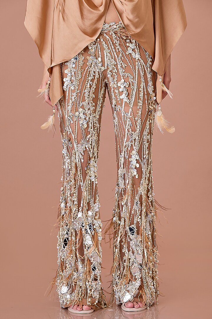 Chocolate Brown Net Sequins Embroidered Trousers by Dilnaz Karbhary at Pernia's Pop Up Shop