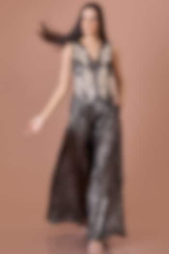 Black Blended Satin & Foil Machine Embroidered Waistcoat by Dilnaz Karbhary at Pernia's Pop Up Shop