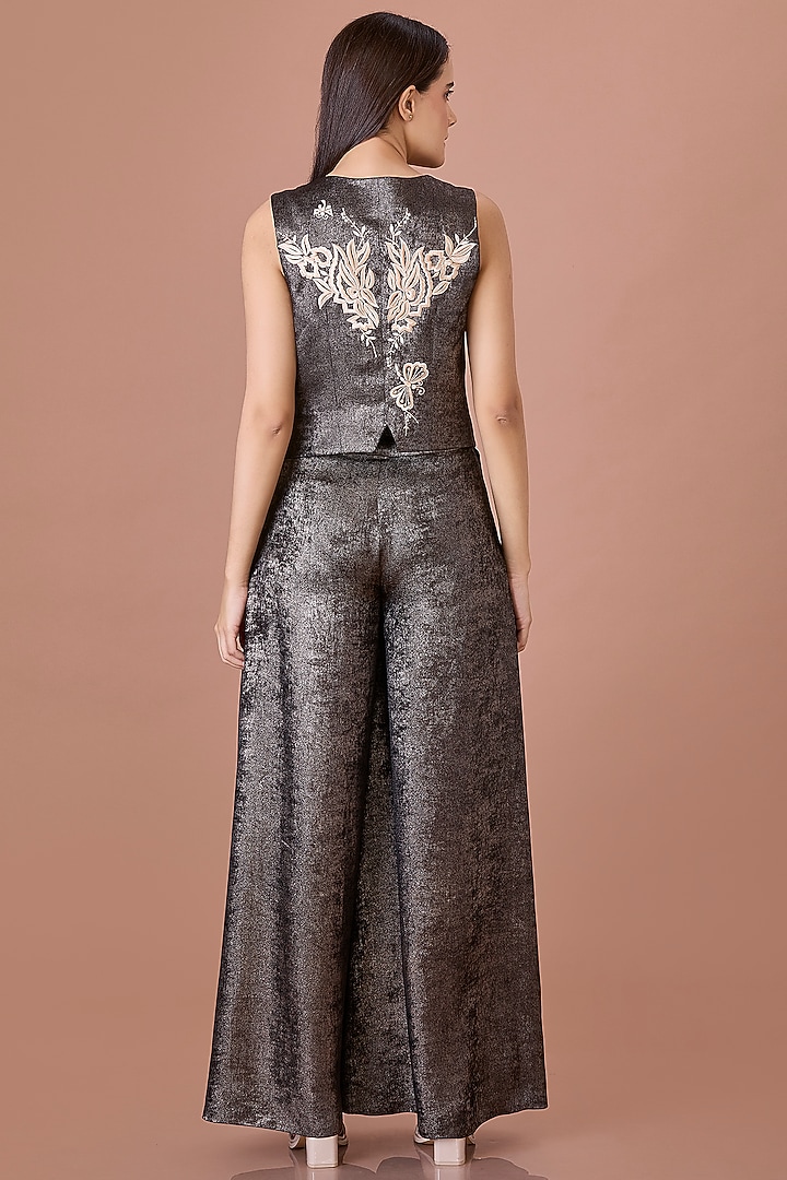 Black Blended Satin & Foil Machine Embroidered Waistcoat by Dilnaz Karbhary at Pernia's Pop Up Shop