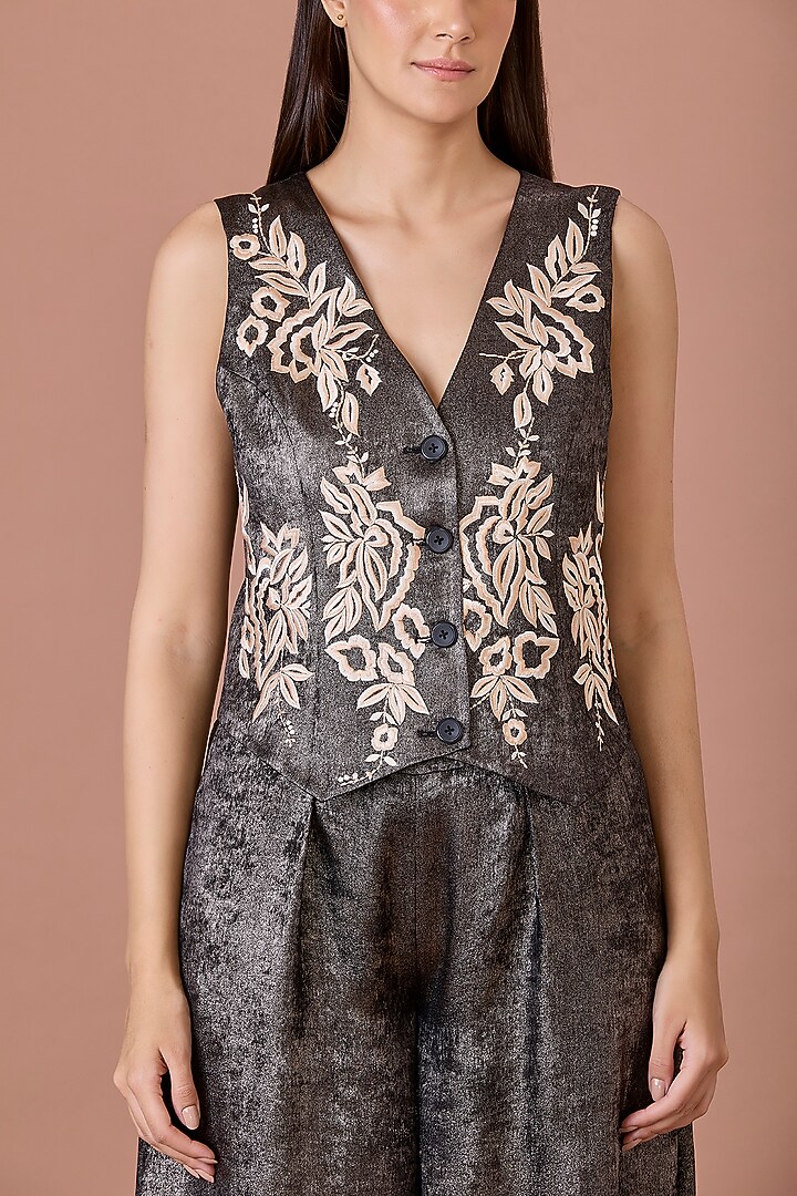 Black Blended Satin & Foil Machine Embroidered Waistcoat by Dilnaz Karbhary at Pernia's Pop Up Shop