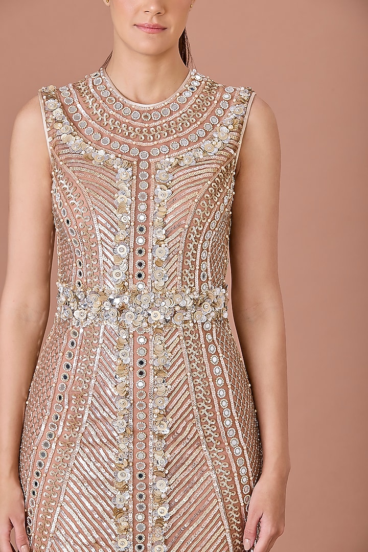 Nude Brown Net & Lycra Hand Embroidered Mini Bodycon Party Wear Dress by Dilnaz Karbhary at Pernia's Pop Up Shop