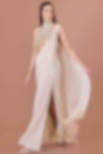 Cream Chiffon Pre-Draped Wedding Saree Set by Dilnaz Karbhary at Pernia's Pop Up Shop