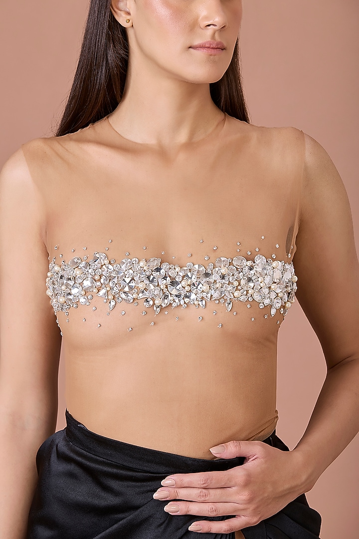 Nude-Brown Net Diamonds Hand Embroidered Bodysuit by Dilnaz Karbhary at Pernia's Pop Up Shop