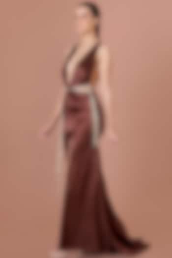 Brown Stretch Satin Cut-Out Draped Gown by Dilnaz Karbhary at Pernia's Pop Up Shop