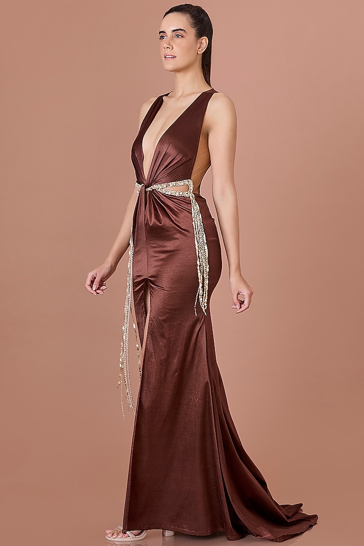 Brown Stretch Satin Cut-Out Draped Gown by Dilnaz Karbhary at Pernia's Pop Up Shop