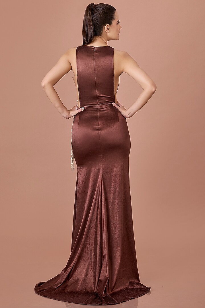 Brown Stretch Satin Cut-Out Draped Engagement Gown by Dilnaz Karbhary at Pernia's Pop Up Shop