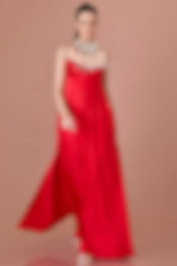 Red Satin Sequins Hand Embroidered Gown by Dilnaz Karbhary at Pernia's Pop Up Shop