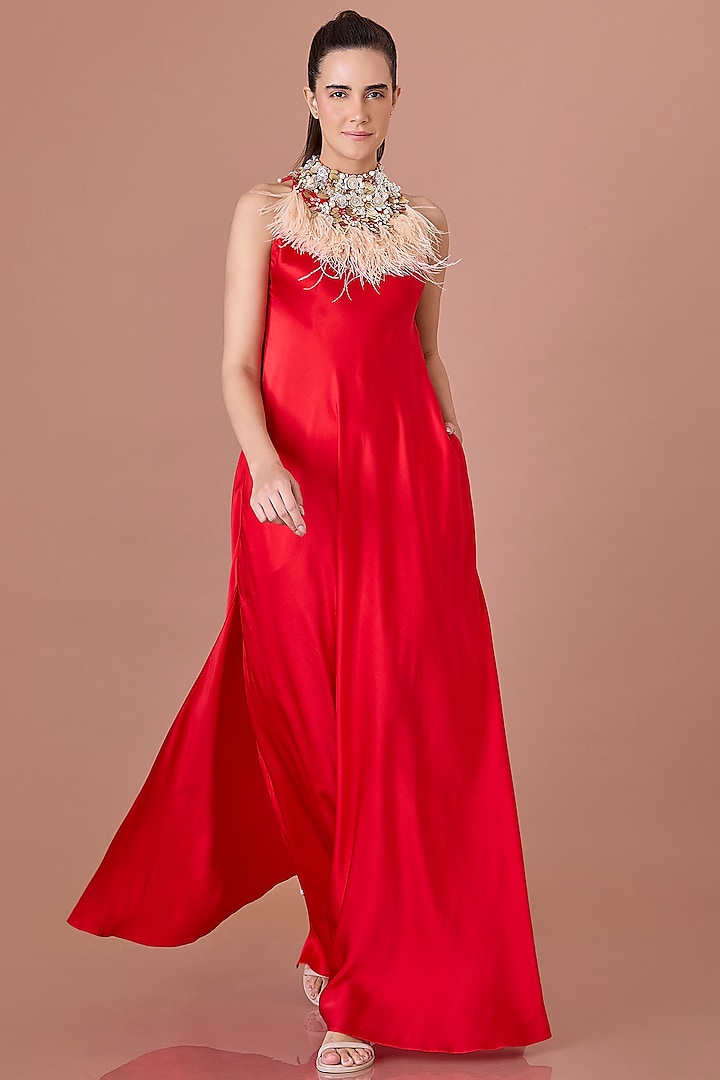 Red Satin Sequins Hand Embroidered Gown by Dilnaz Karbhary at Pernia's Pop Up Shop