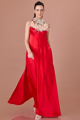 Red Satin Sequins Hand Embroidered Gown by Dilnaz Karbhary