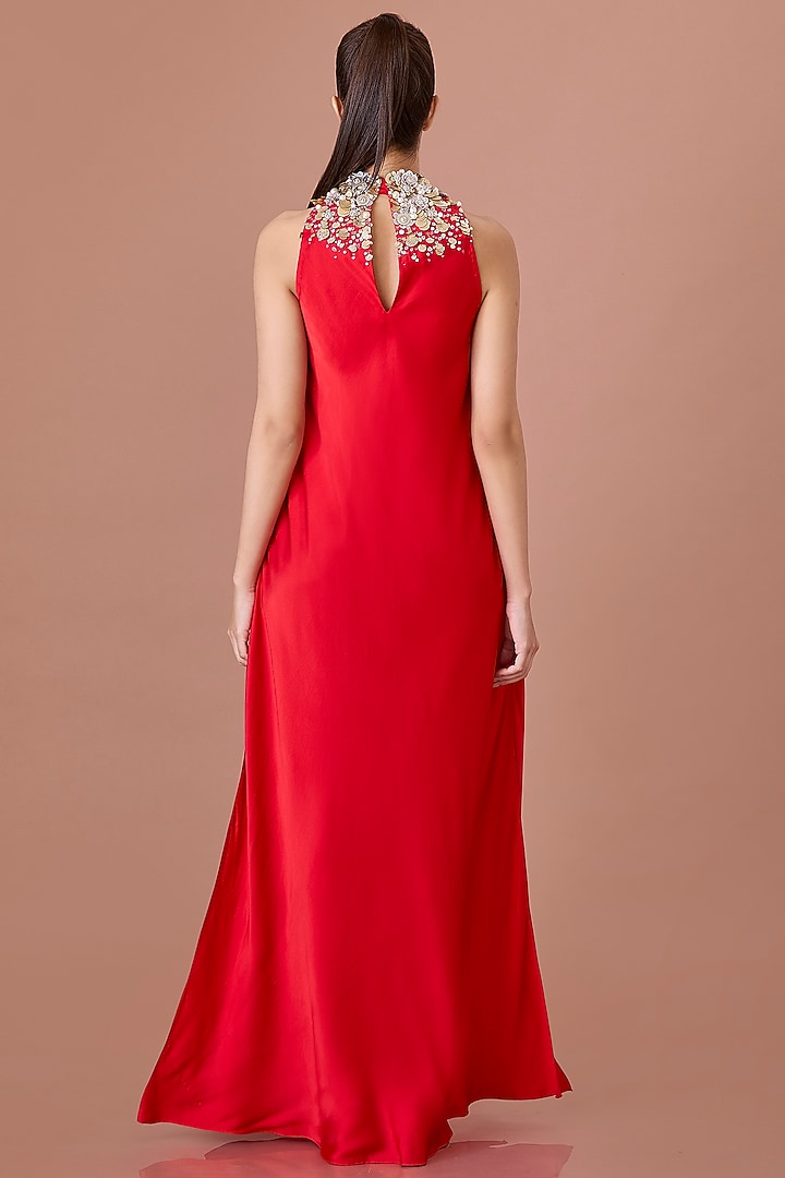 Red Satin Sequins Hand Embroidered Engagement Gown by Dilnaz Karbhary at Pernia's Pop Up Shop
