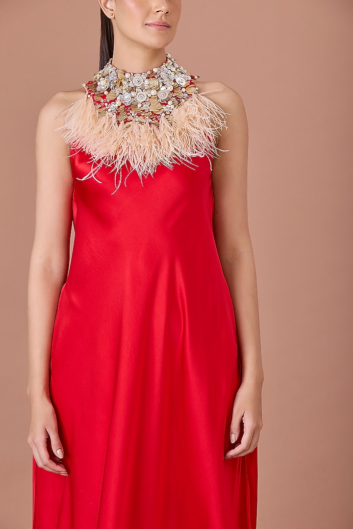 Red Satin Sequins Hand Embroidered Engagement Gown by Dilnaz Karbhary at Pernia's Pop Up Shop