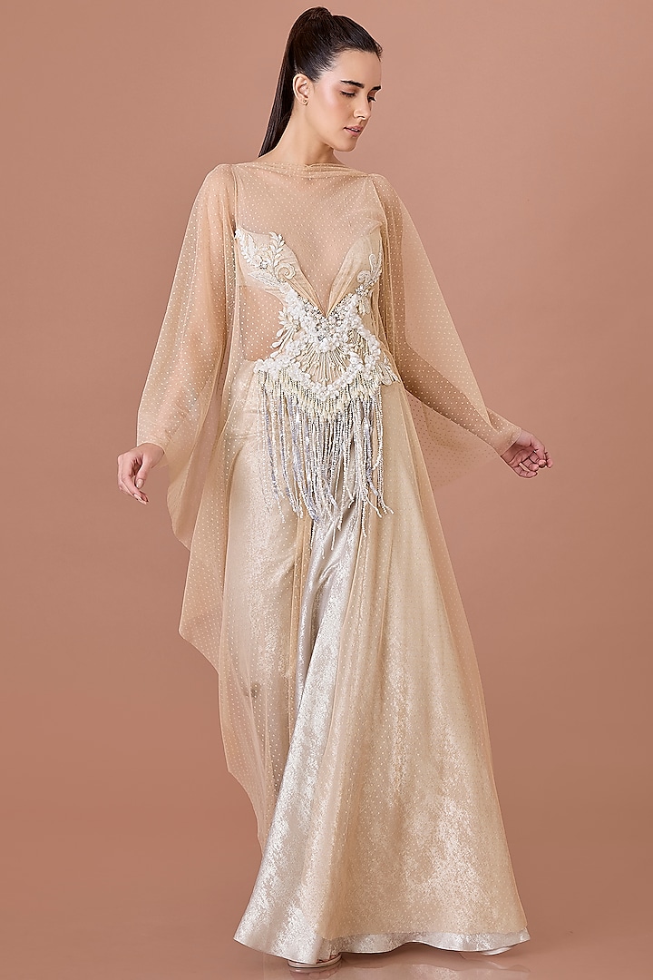 Champagne Foil & Net Hand Embroidered Engagement Gown by Dilnaz Karbhary at Pernia's Pop Up Shop