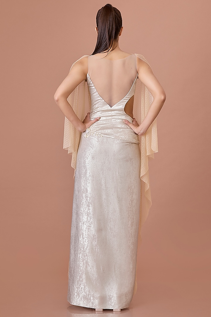 Champagne Foil & Net Hand Embroidered Engagement Gown by Dilnaz Karbhary at Pernia's Pop Up Shop