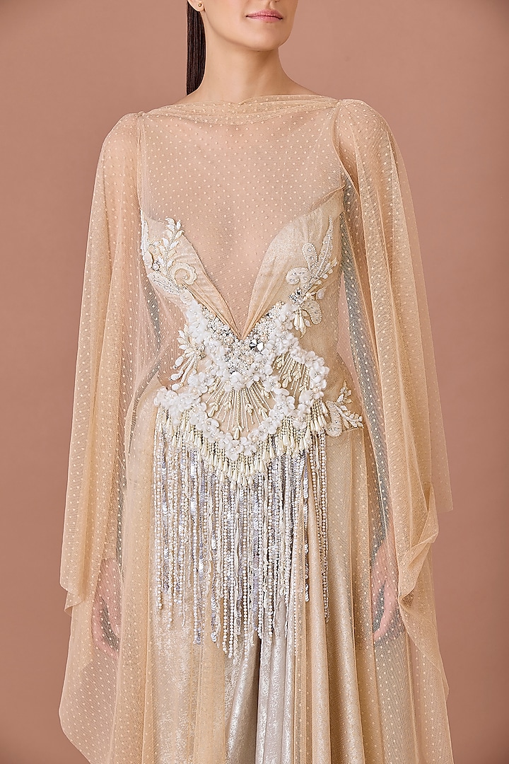 Champagne Foil & Net Hand Embroidered Engagement Gown by Dilnaz Karbhary at Pernia's Pop Up Shop