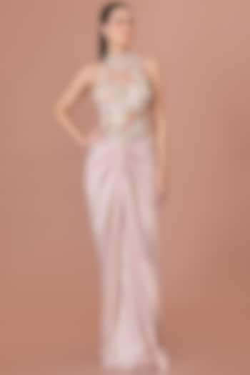 Blush Net & Blended Satin Embroidered Draped Halter Gown by Dilnaz Karbhary at Pernia's Pop Up Shop