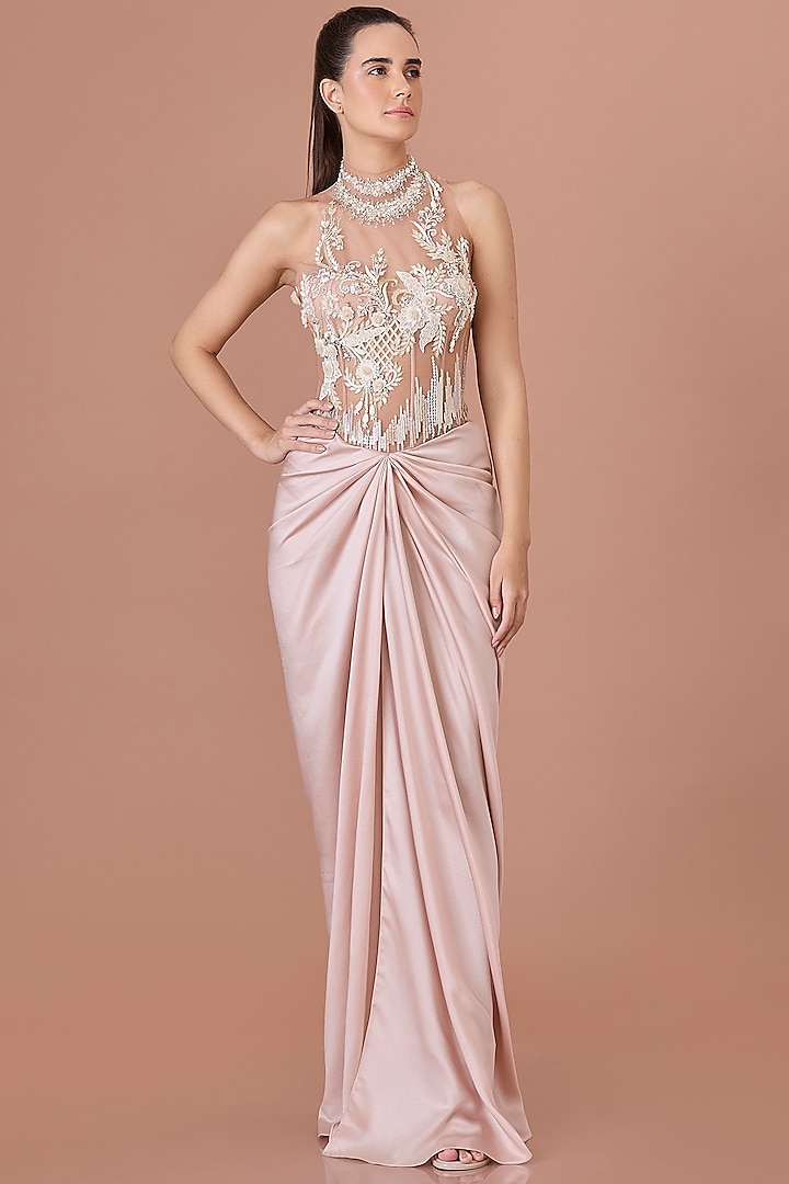 Blush Net & Blended Satin Embroidered Draped Halter Gown by Dilnaz Karbhary at Pernia's Pop Up Shop