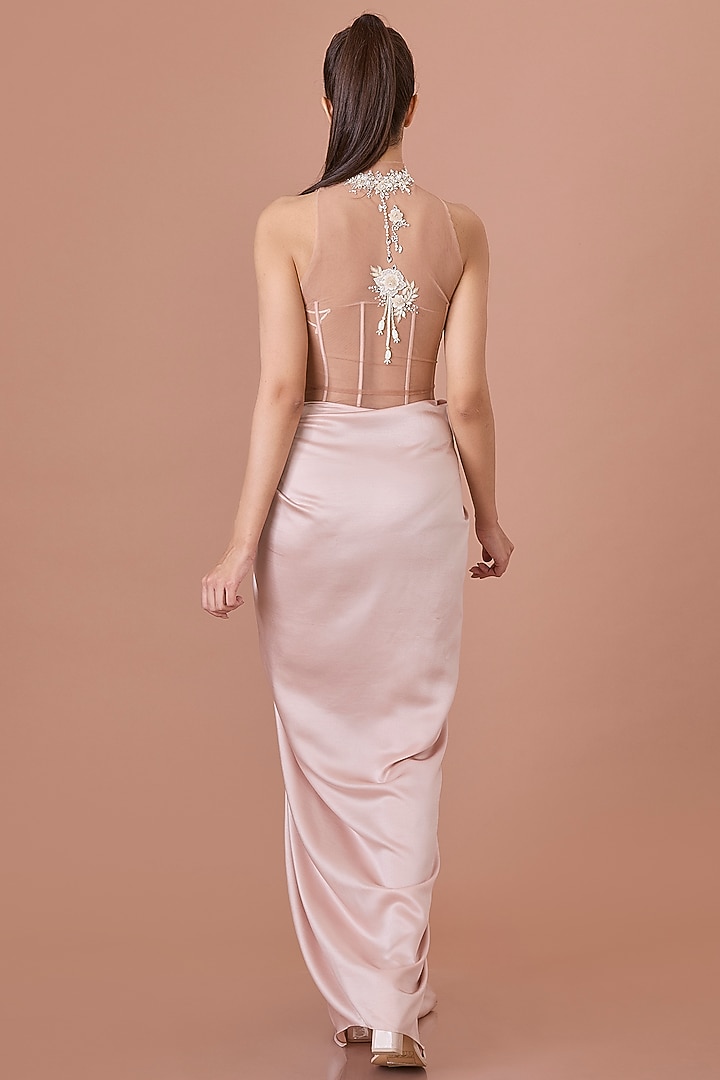 Blush Net & Blended Satin Embroidered Draped Halter Engagement Gown by Dilnaz Karbhary at Pernia's Pop Up Shop