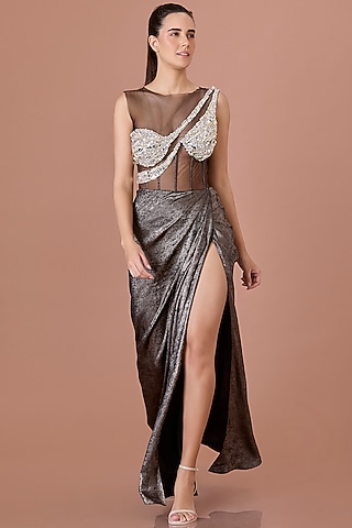 Black Net & Foil Diamond Hand Embroidered Draped Gown by Dilnaz Karbhary