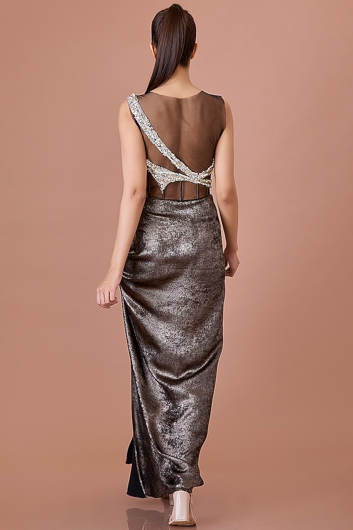 Black Net & Foil Diamond Hand Embroidered Draped Engagement Gown by Dilnaz Karbhary at Pernia's Pop Up Shop