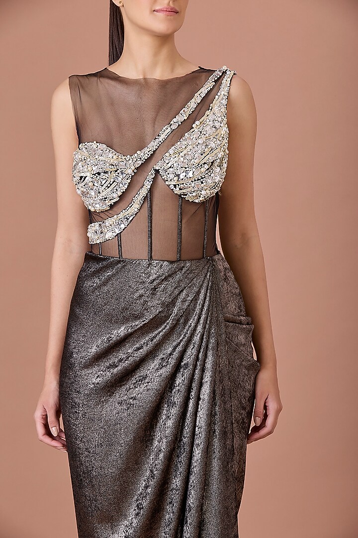 Black Net & Foil Diamond Hand Embroidered Draped Engagement Gown by Dilnaz Karbhary at Pernia's Pop Up Shop