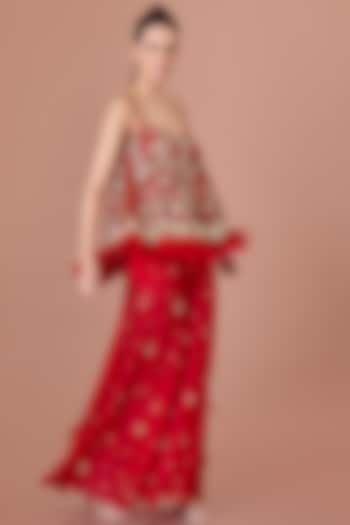 Red Blended Satin & Georgette Hand Embroidered Wedding Sharara Pants by Dilnaz Karbhary at Pernia's Pop Up Shop