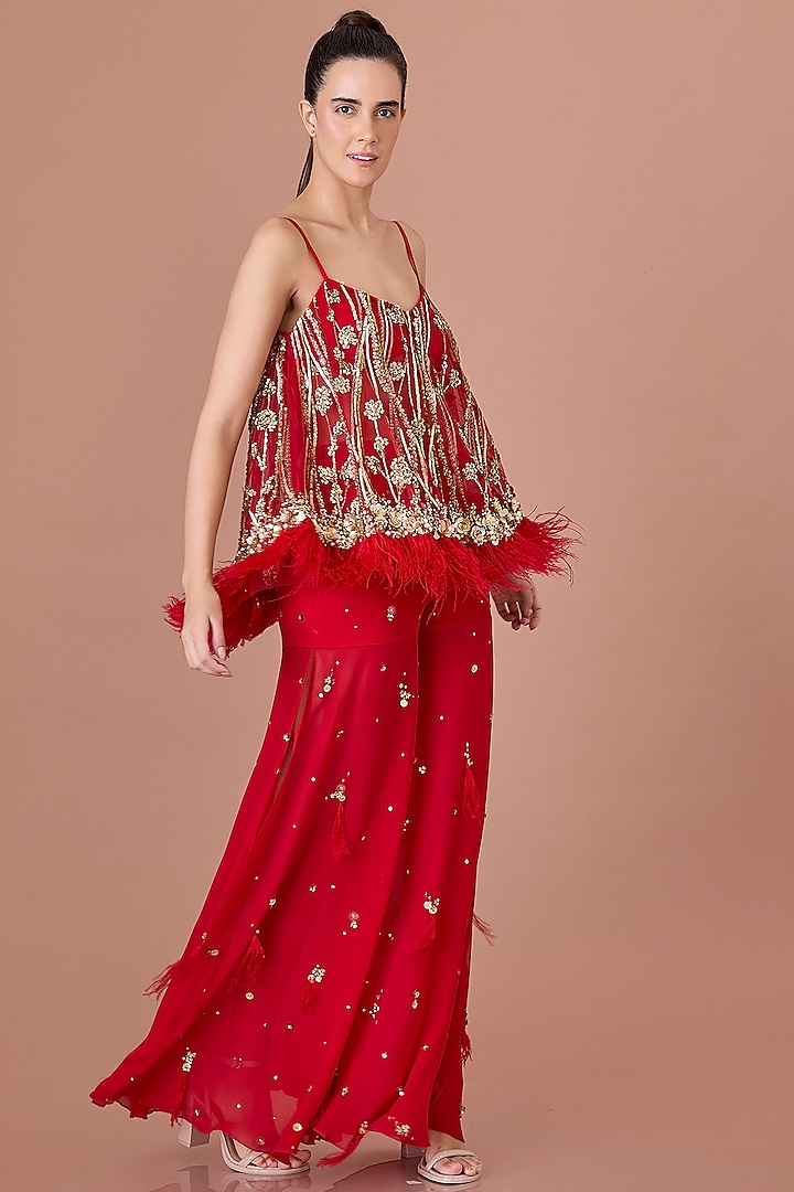 Red Blended Satin & Georgette Hand Embroidered Wedding Sharara Pants by Dilnaz Karbhary at Pernia's Pop Up Shop