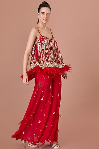 Red Blended Satin & Georgette Hand Embroidered Sharara Pants by Dilnaz Karbhary