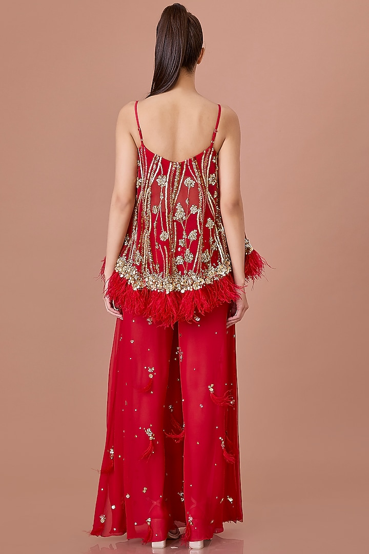 Red Blended Satin & Georgette Hand Embroidered Wedding Sharara Pants by Dilnaz Karbhary at Pernia's Pop Up Shop