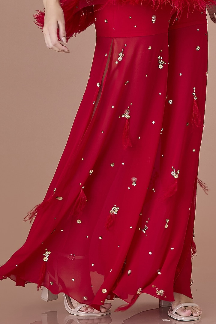 Red Blended Satin & Georgette Hand Embroidered Wedding Sharara Pants by Dilnaz Karbhary at Pernia's Pop Up Shop