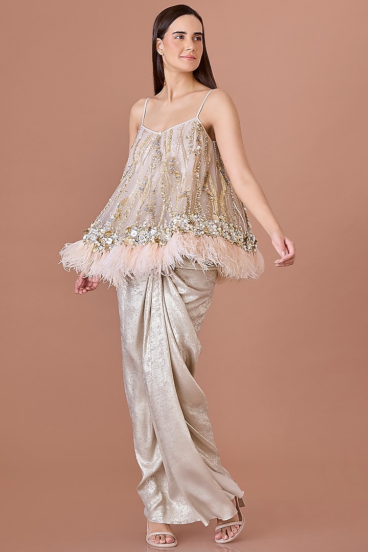Champagne Net Sequins Hand Embroidered Camisole by Dilnaz Karbhary at Pernia's Pop Up Shop