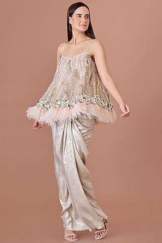 Champagne Net Sequins Hand Embroidered Camisole by Dilnaz Karbhary