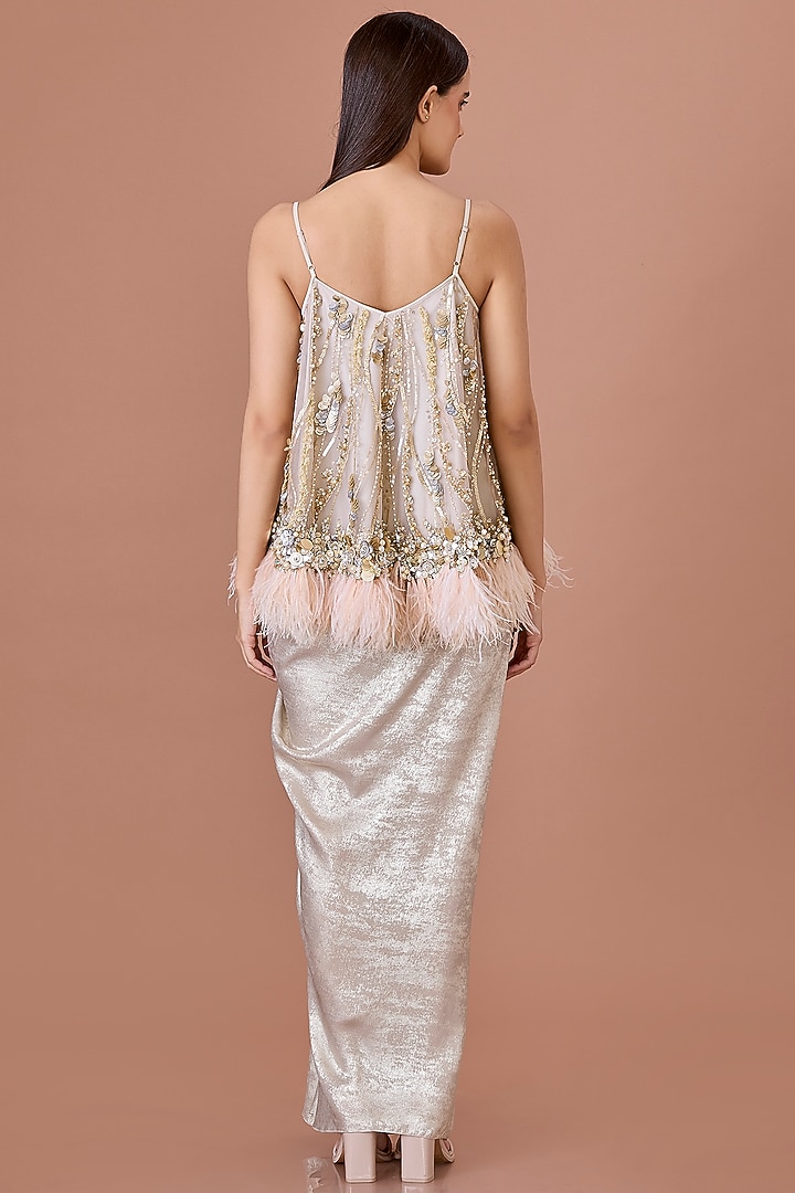 Champagne Net Sequins Hand Embroidered Camisole by Dilnaz Karbhary at Pernia's Pop Up Shop