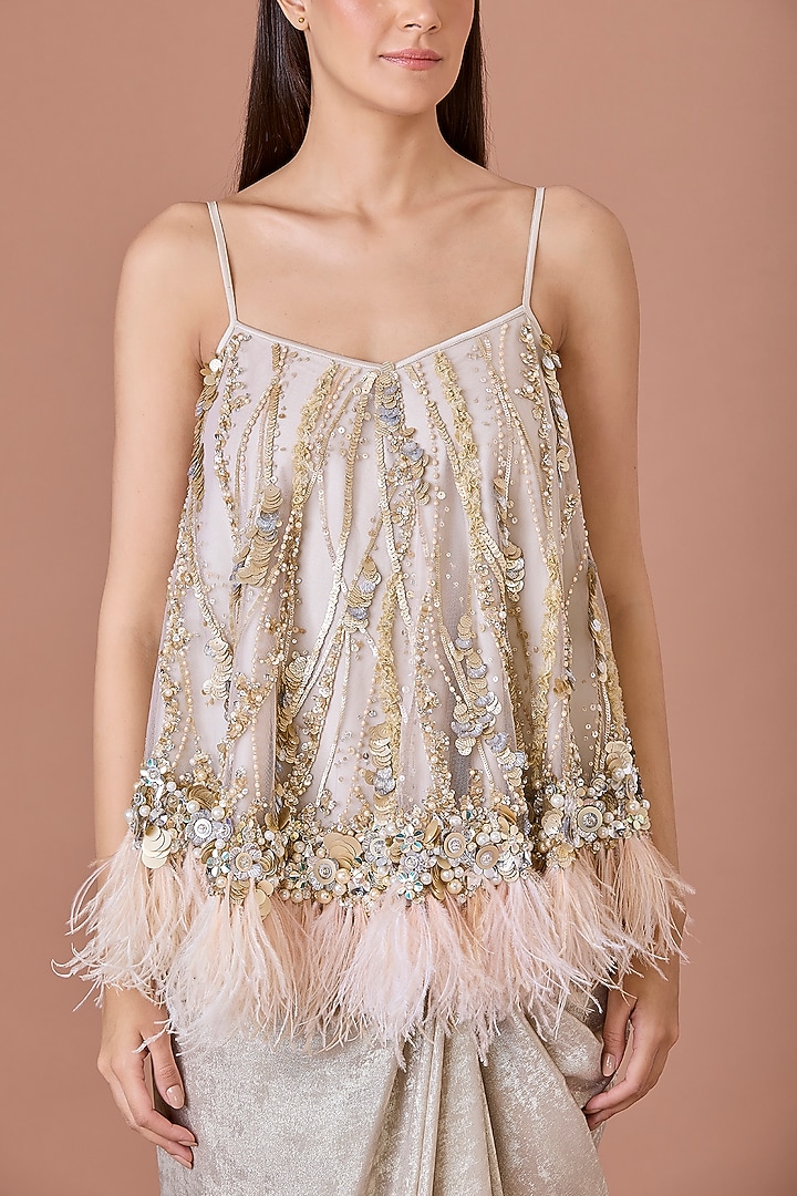 Champagne Net Sequins Hand Embroidered Camisole by Dilnaz Karbhary at Pernia's Pop Up Shop