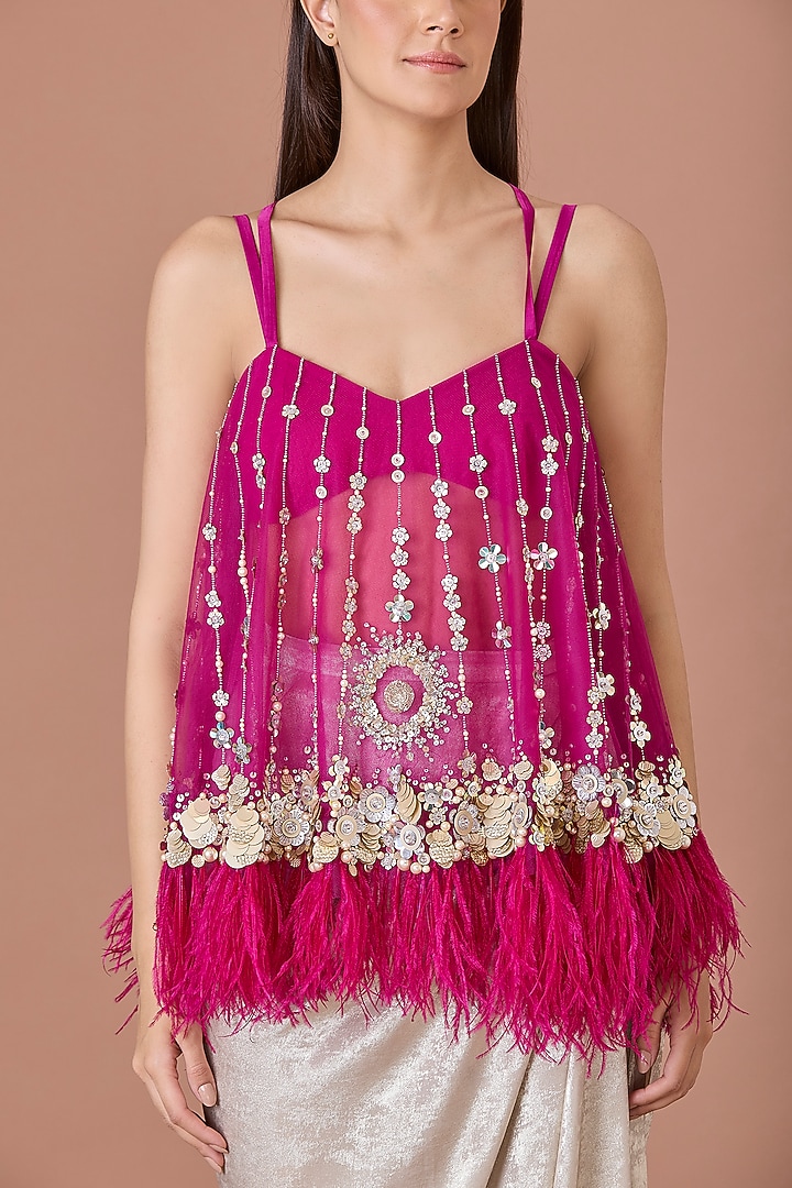 Jamun Colored Net Sequins Hand Embroidered Camisole by Dilnaz Karbhary at Pernia's Pop Up Shop