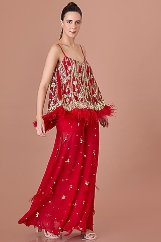 Red Net Sequins Hand Embroidered Camisole by Dilnaz Karbhary