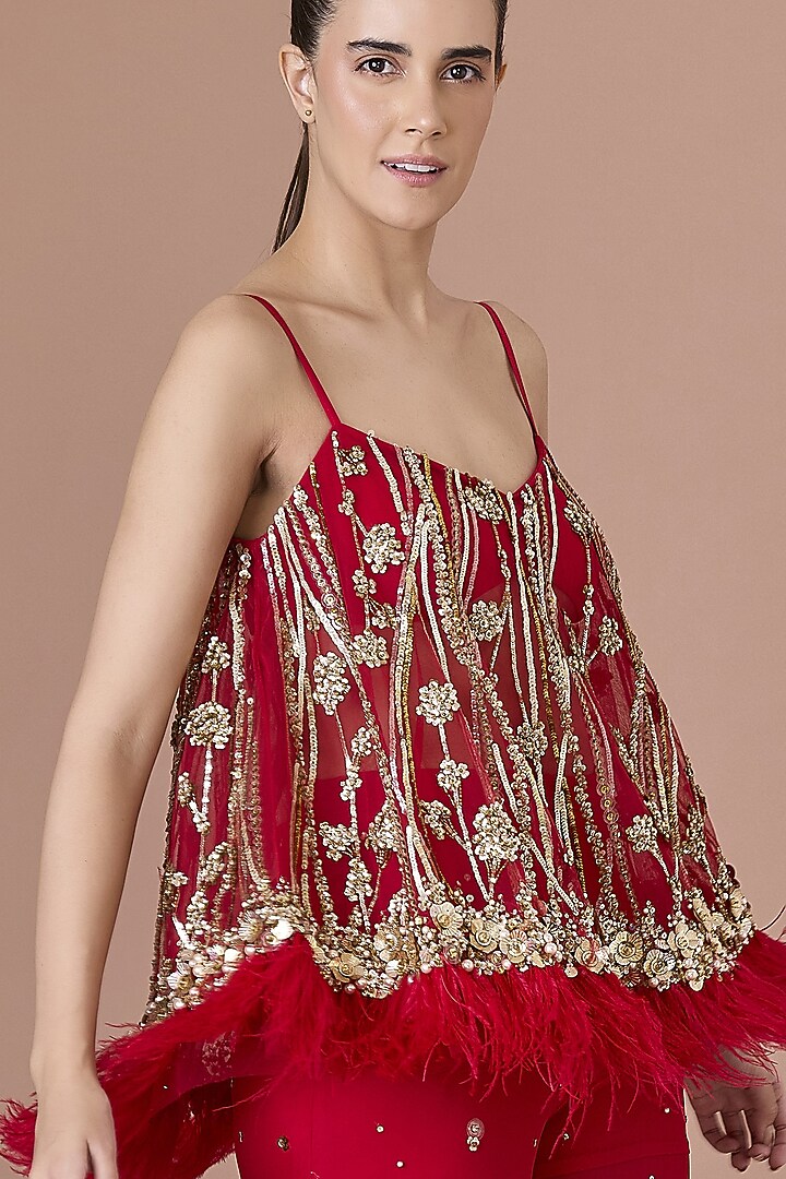 Red Net Sequins Hand Embroidered Camisole by Dilnaz Karbhary at Pernia's Pop Up Shop