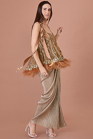 Chocolate Brown Net Sequins Embroidered Camisole by Dilnaz Karbhary