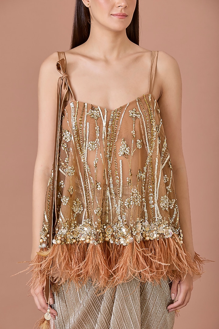 Chocolate Brown Net Sequins Embroidered Camisole by Dilnaz Karbhary at Pernia's Pop Up Shop