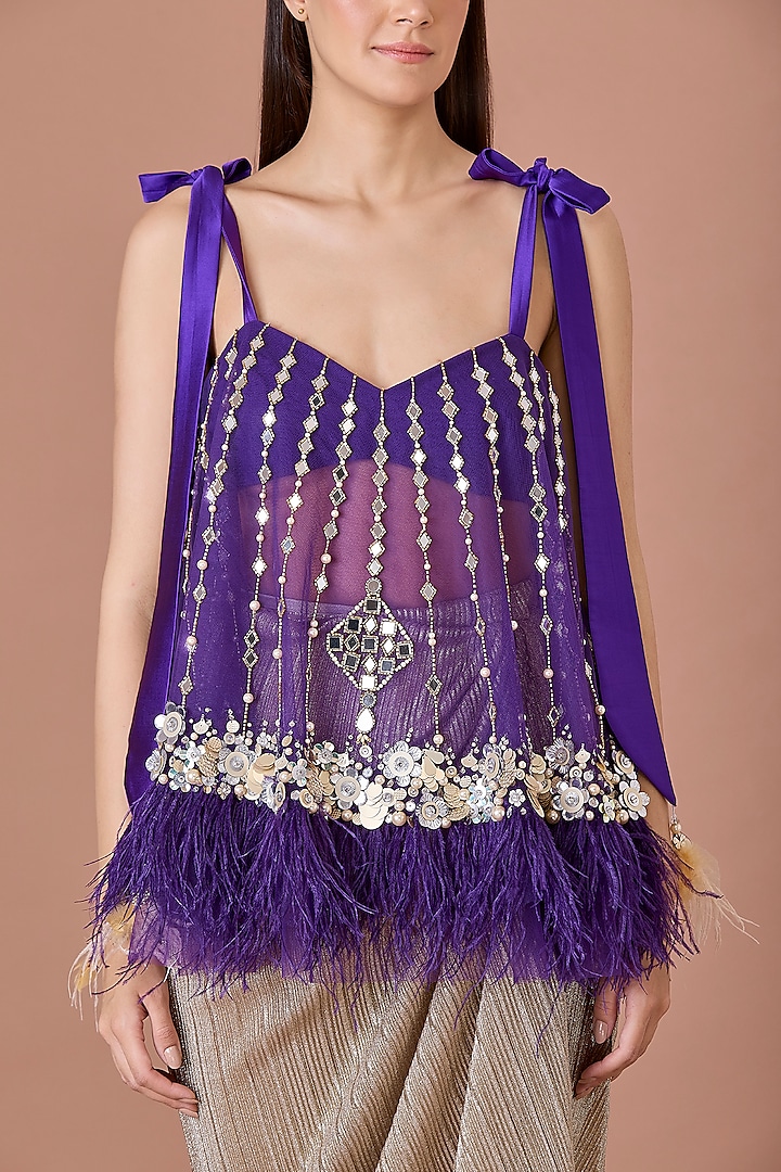 Purple Net Mirror Embroidered Camisole by Dilnaz Karbhary at Pernia's Pop Up Shop