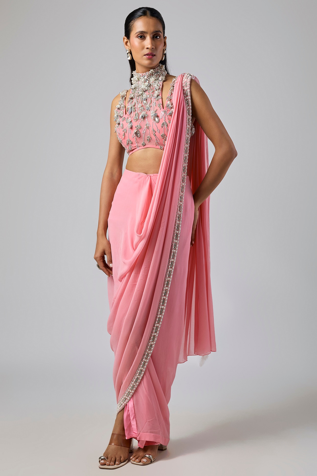 Dilnaz Karbhary Rose Pink Georgette Embroidered Pre-Stitched Saree Set