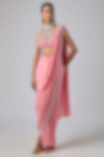 Rose Pink Georgette Embroidered Pre-Stitched Reception Saree Set by Dilnaz Karbhary at Pernia's Pop Up Shop