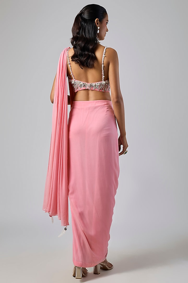 Rose Pink Georgette Embroidered Pre-Stitched Reception Saree Set by Dilnaz Karbhary at Pernia's Pop Up Shop