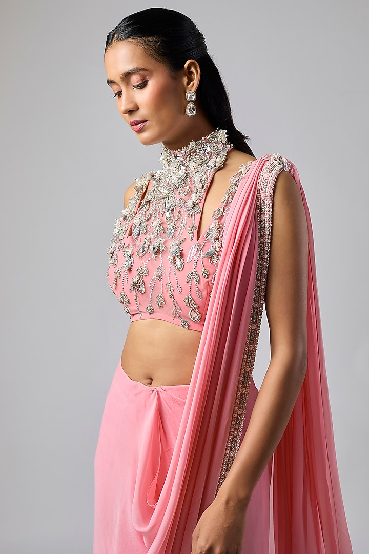Rose Pink Georgette Embroidered Pre-Stitched Reception Saree Set by Dilnaz Karbhary at Pernia's Pop Up Shop