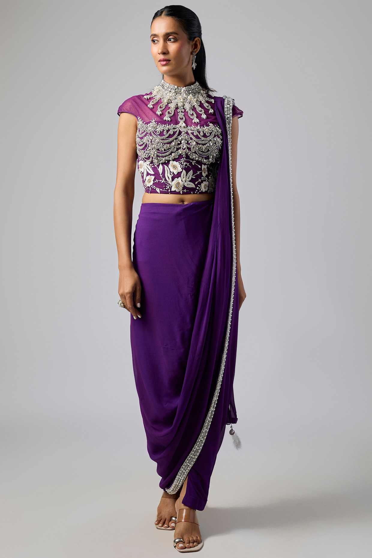 Dilnaz Karbhary Purple Georgette Pre-Stitched Saree Set