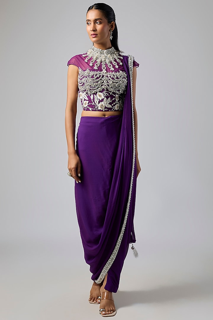 Purple Georgette Pre-Stitched Reception Saree Set by Dilnaz Karbhary at Pernia's Pop Up Shop