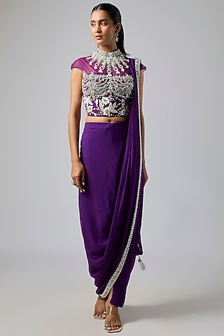 Purple Georgette Pre-Stitched Saree Set by Dilnaz Karbhary