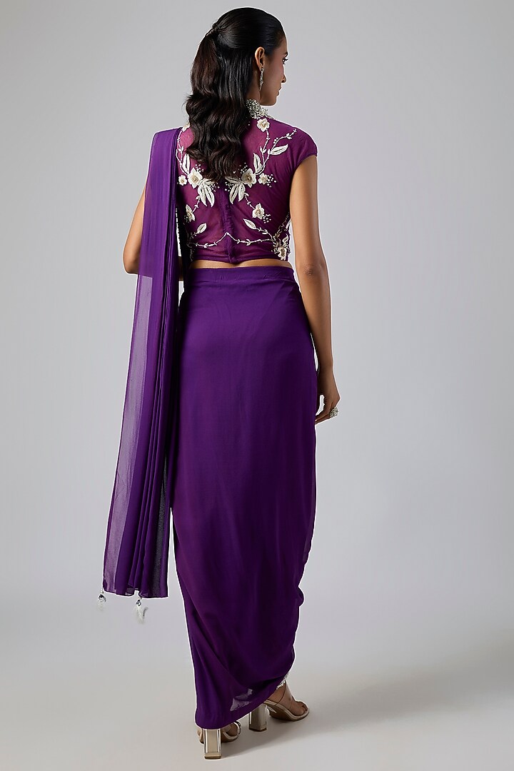 Purple Georgette Pre-Stitched Reception Saree Set by Dilnaz Karbhary at Pernia's Pop Up Shop