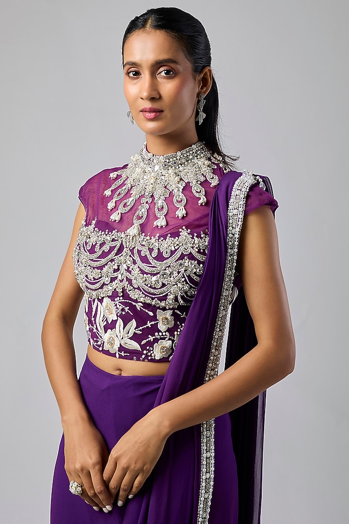 Purple Georgette Pre-Stitched Reception Saree Set by Dilnaz Karbhary at Pernia's Pop Up Shop